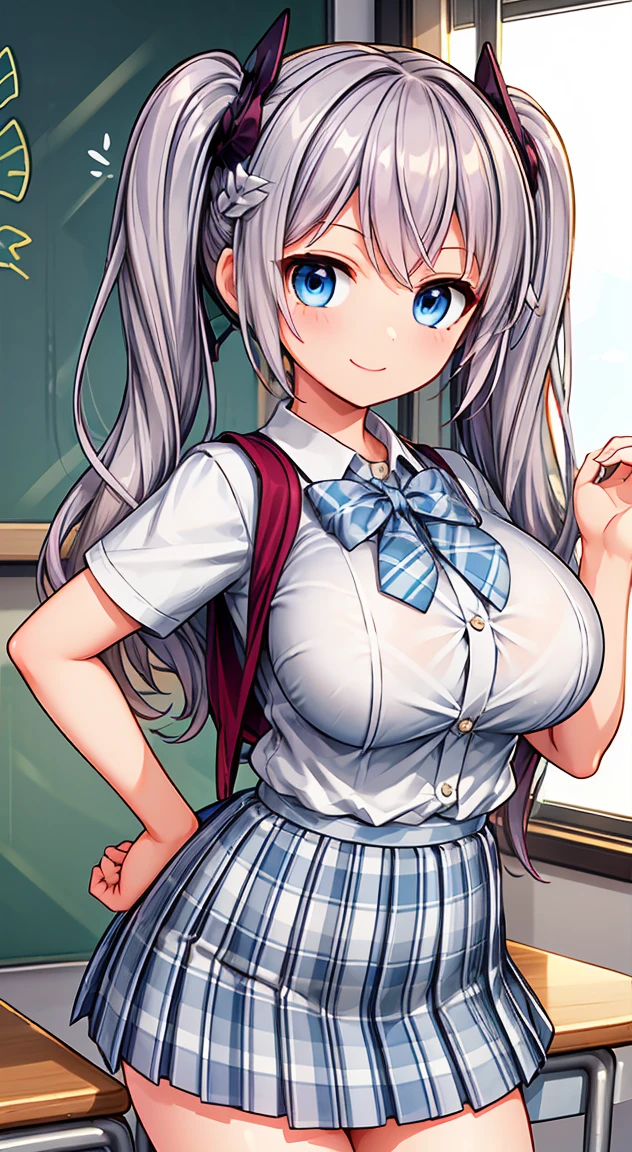 Highest quality,masterpiece,One person,Blonde,Twin tails,Schoolgirl uniform,Short sleeve,mini skirt,Large Breasts,smile,classroom,see through ,summer ,Micro mini skart,手を後ろに繋ぐ