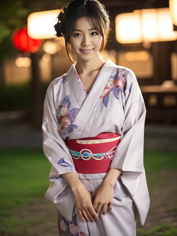 Cowboy Shot, View your viewers, (Late summer date), (8k, RAW Photos, Highest quality, masterpiece:1.2), (Realistic, Photorealistic:1.4), ((Yukata with Japanese-style patterns)), Japanese Women in College, (One Woman:1.2), She is very beautiful, Glowing Skin, Cute and symmetrical face, Perfect Face, Glowing Skin, Light Brown Hair, Medium Hair, Wavy Hair, Put your hair up, Makeup, Beautiful Hair, Beautiful Face, Beautiful attention to detail, Beautiful body, Beautiful fingers, (Summer Festival at Night), Standing, Arms crossed, (キュートなsmile), Very detailed, Shallow depth of field, Perfect Anatomy, Perfect legs, Perfect hands, Perfect Eyes, Perfect body, smile, double eyelids, (Natural Side Lighting, Cinema Lighting),