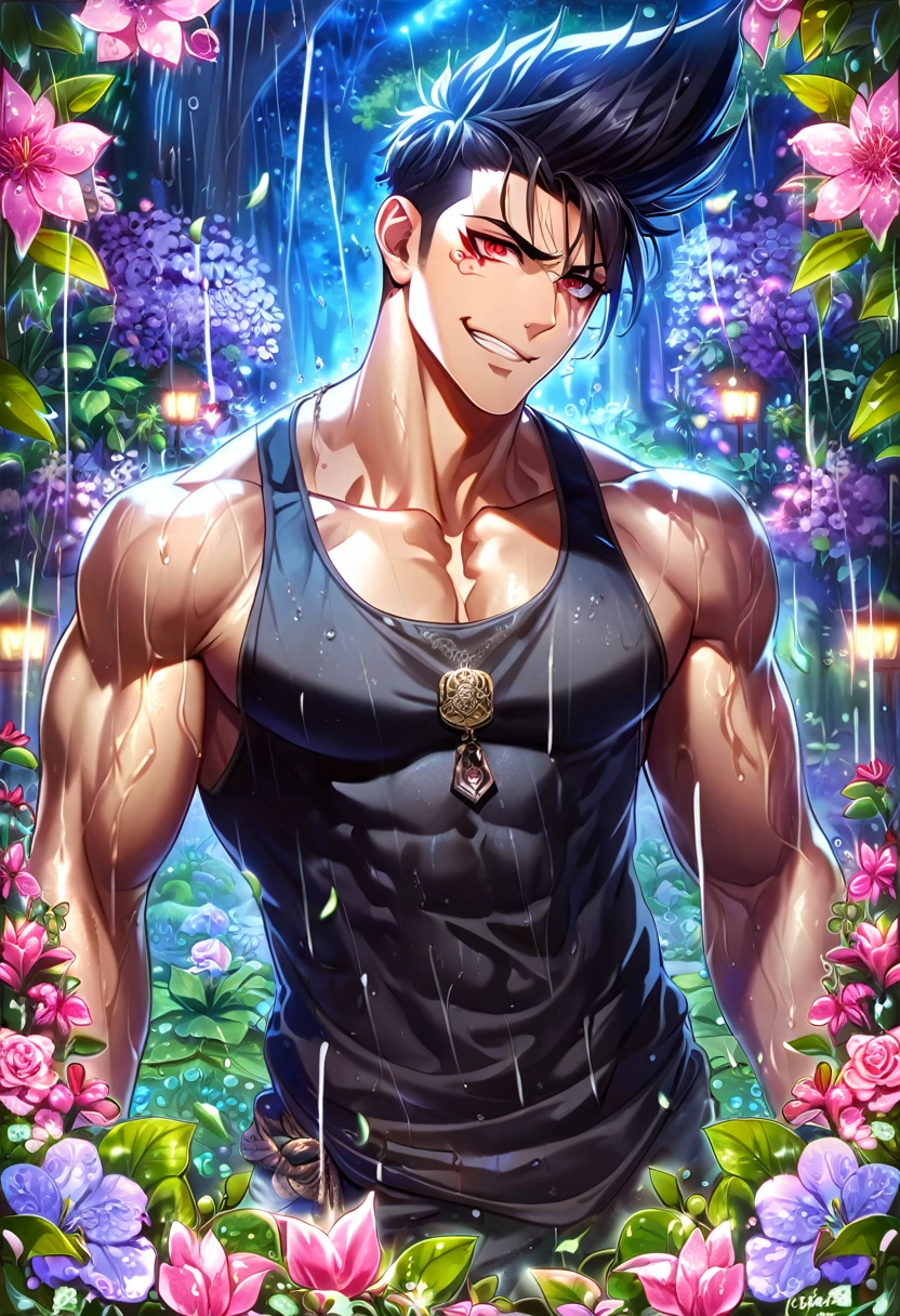 absurdres, highres, ultra detailed, HDR, master piece, best quality, extremely detailed, detailed eyes, Barou Shouei, black hair, spiked up hair, expressive red eyes, Blue Lock, solo, sexy man, handsome, horny, lewd, black tank top, smirking, fantasy, spring, flowers, green leaves, magical forest, dark fantasy, rain, night