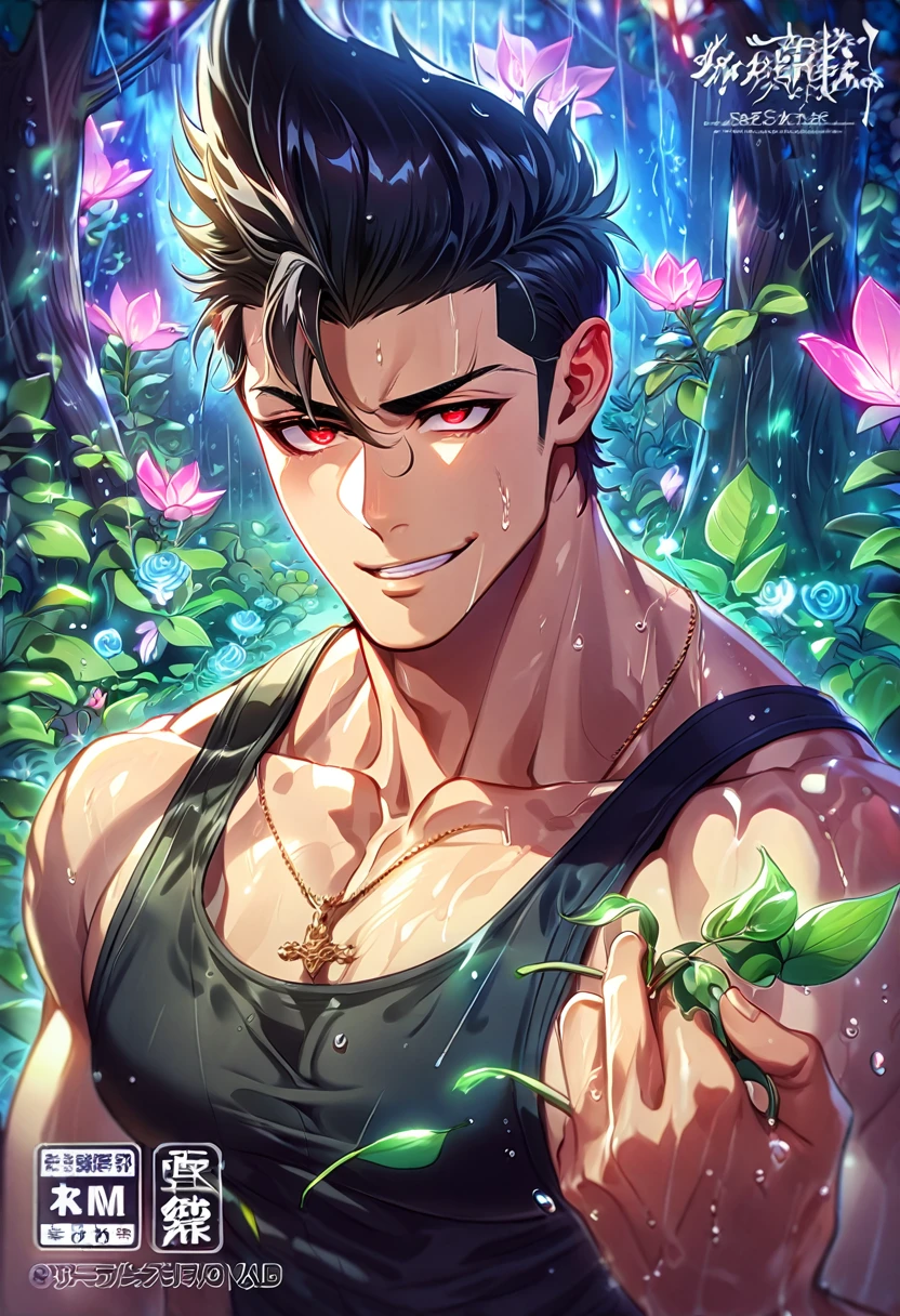 absurdres, highres, ultra detailed, HDR, master piece, best quality, extremely detailed, detailed eyes, Barou Shouei, black hair, spiked up hair, expressive red eyes, Blue Lock, solo, sexy man, handsome, horny, lewd, black tank top, smirking, fantasy, spring, flowers, green leaves, magical forest, dark fantasy, rain, night