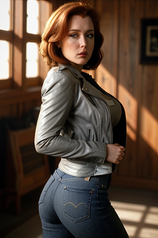 Dana Scully, portrait, natural light, tigth jeans leather jacket whit grey t shirt ,nice tits ..perfect booty atletic body .sexi face sexi posse hot
intricate details, hyperdetailed, cinematic, realistic, masterpiece