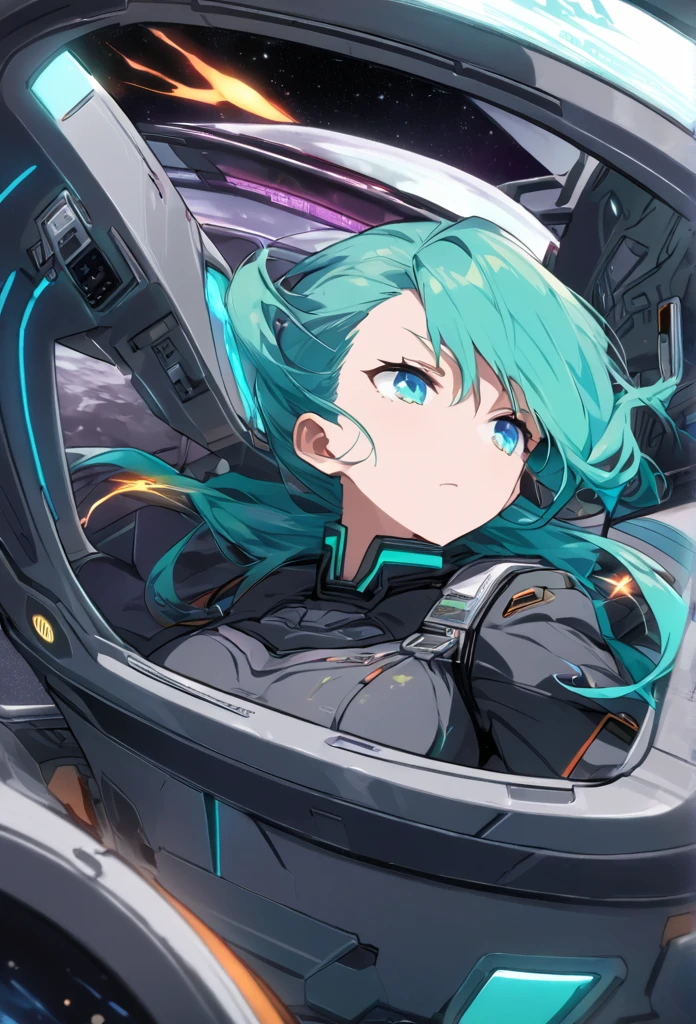 (((highest quality)), ((masterpiece)), ((detailed)), anime-style. Queen Chrysalis as a humanoid character inside her small, agile spaceship. She is at the controls, focused and determined, with her aqua hair floating slightly due to zero gravity. The cockpit is detailed, with glowing holographic displays and controls reflecting off her aqua eyes. Outside the cockpit window, stars and distant planets fill the void of space, while the larger battleship looms menacingly in the background. Energy beams can be seen streaking past the small ship as it evades incoming fire. Dynamic lighting, high contrast, vibrant space colors, intense action, 8k HD, character in focus, cockpit details, space chase.