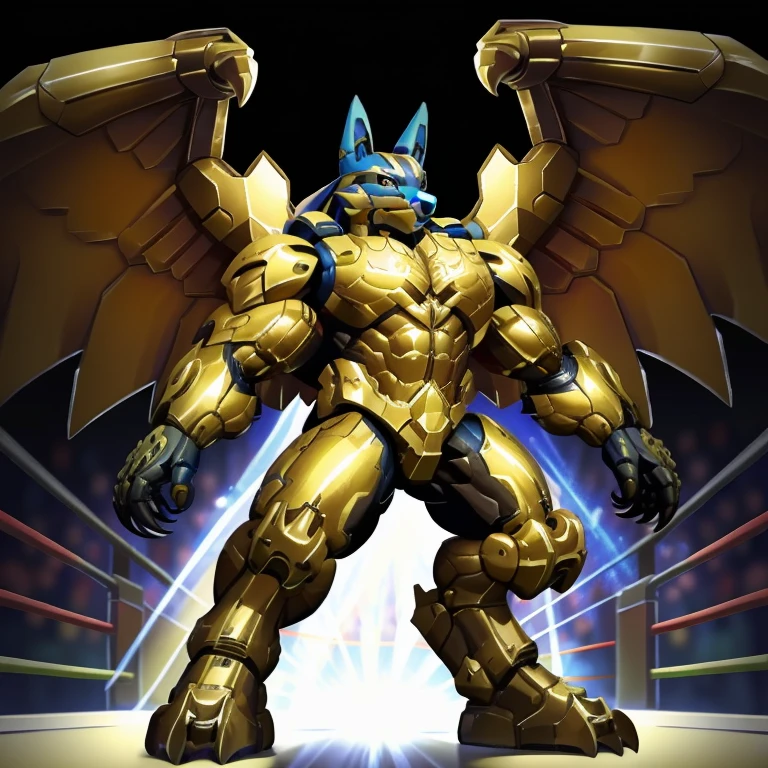 (Shiny mega lucario, 8K), (Shiny mega lucario's giant robot, Powered exoskeleton with the same design as Shiny mega lucario), (Masterpiece, highres) (Detailed head, Detailed Body, Detailed abs, full body) (gigantic muscles, Gigachad Muscular, big muscle, pecs, triceps, traps, unusually developed muscular body, body full of huge muscles. showing off muscles, pectorales enormes, Exaggeratedly huge muscles.) (nj5furry, The claws are sharp, Sharp teeth, sharp claws), (long legs), (Spread wings, It has wings, have big wings, golden wings), (Wrestling, wrestler, the bodybuilding), (It has wings, whole body shines like metal, Wearing cyberpunk mecha, emphasizes the muscles, suit fully made of metal, intricate armor, Robotic suit, suit fully made of metal, cyborg), menacing pose, The whole body is golden. no face. BULK UP. The whole body is golden. wearing a full-face helmet.