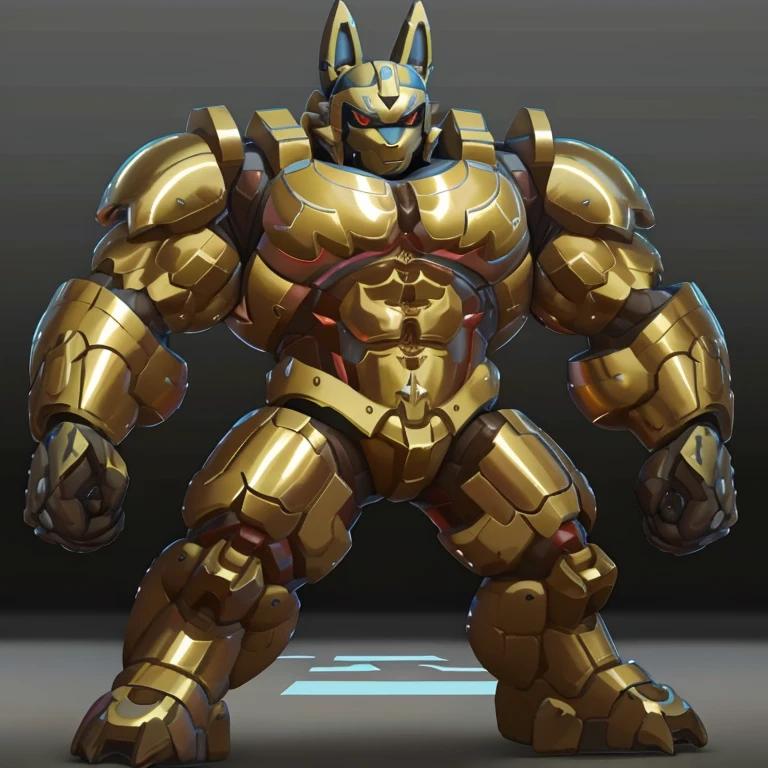 (Shiny mega lucario, 8K), (Shiny mega lucario's giant robot, Powered exoskeleton with the same design as Shiny mega lucario), (Masterpiece, highres) (Detailed head, Detailed Body, Detailed abs, full body) (gigantic muscles, Gigachad Muscular, big muscle, pecs, triceps, traps, unusually developed muscular body, body full of huge muscles. showing off muscles, pectorales enormes, Exaggeratedly huge muscles.) (nj5furry, The claws are sharp, Sharp teeth, sharp claws), (long legs), (Spread wings, It has wings, have big wings, golden wings), (Wrestling, wrestler, the bodybuilding), (It has wings, whole body shines like metal, Wearing cyberpunk mecha, emphasizes the muscles, suit fully made of metal, intricate armor, Robotic suit, suit fully made of metal, cyborg), menacing pose, The whole body is golden. no face. BULK UP. The whole body is golden. wearing a full-face helmet.