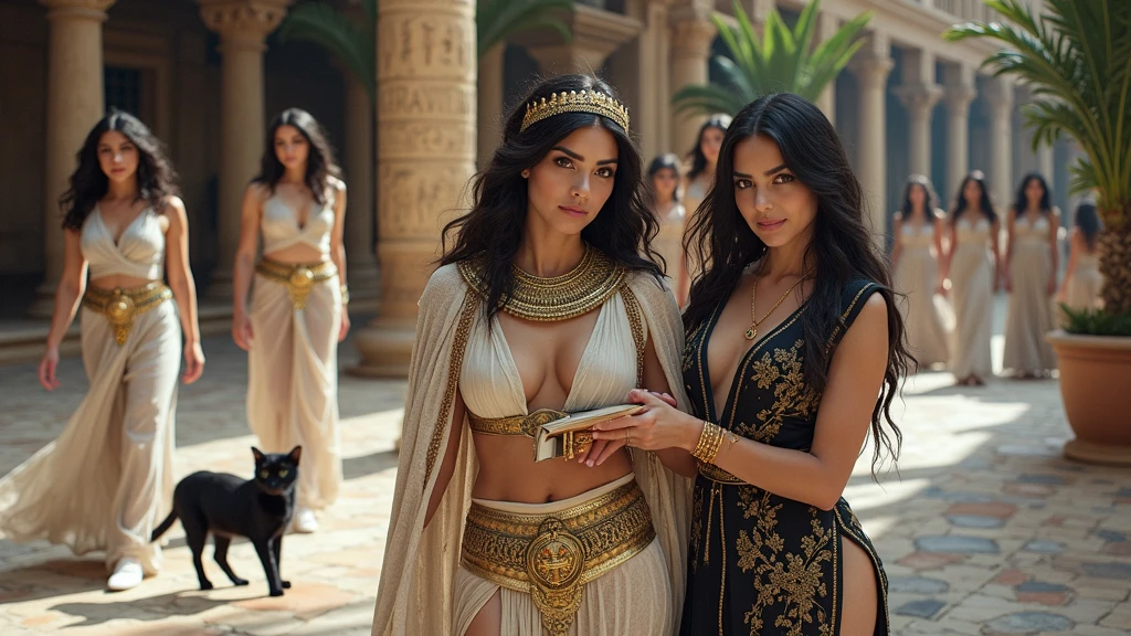 Albanian, girl, long brown hair, blue eyes, 40DD, Imagine Cleopatra queen of Egypt standing in a ancient Egyptian palace 50 AC, a beautiful 19 years old Albanian girl, slender body, wearing an ancient Egyptian white dress, 8K, ultra high res.photorealistic, UHD, Masterpiece, (half body shot:1.1), with bestie, 2 friends