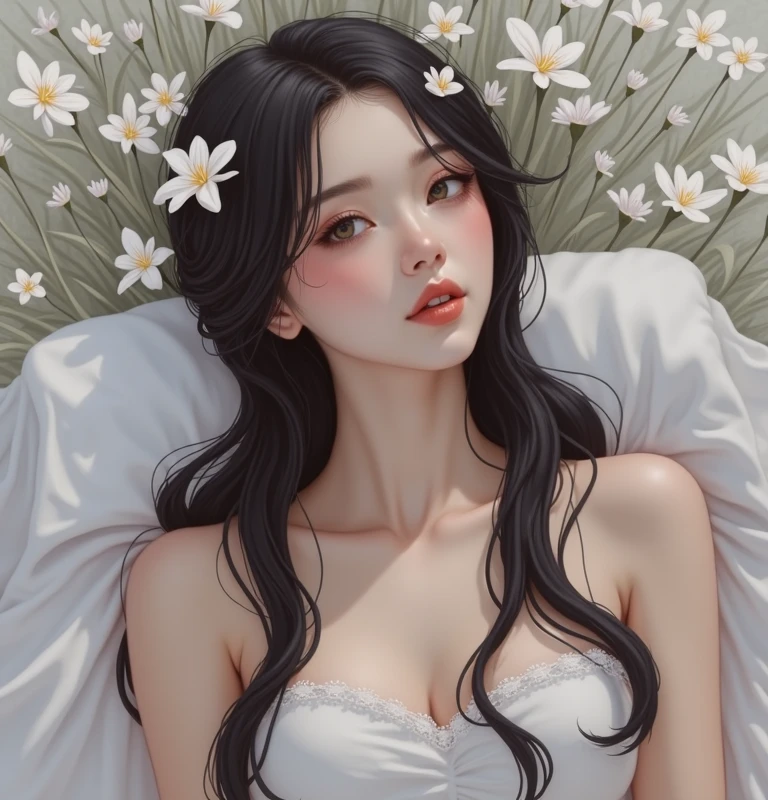 An illustration with soft tones and a dreamy feel。The characters in the picture are covered with a large number of small white flowers，Gives a hazy and mysterious visual effect。Soft space，Modern illustration elements。Tranquility、Pure atmosphere，Reminiscent of spring and new life。