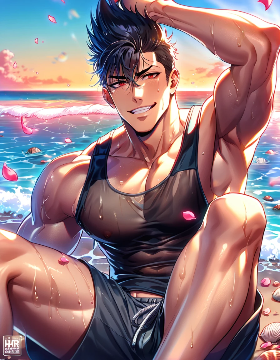 absurdres, highres, ultra detailed, HDR, master piece, best quality, extremely detailed, detailed eyes, Barou Shouei, black hair, spiked up hair, expressive red eyes, Blue Lock, solo, sexy man, handsome, handsome smirk, horny, lewd, black tank top, black swimming trunks, wet, you can see through his shirt, sea, beach, petals, seashells 