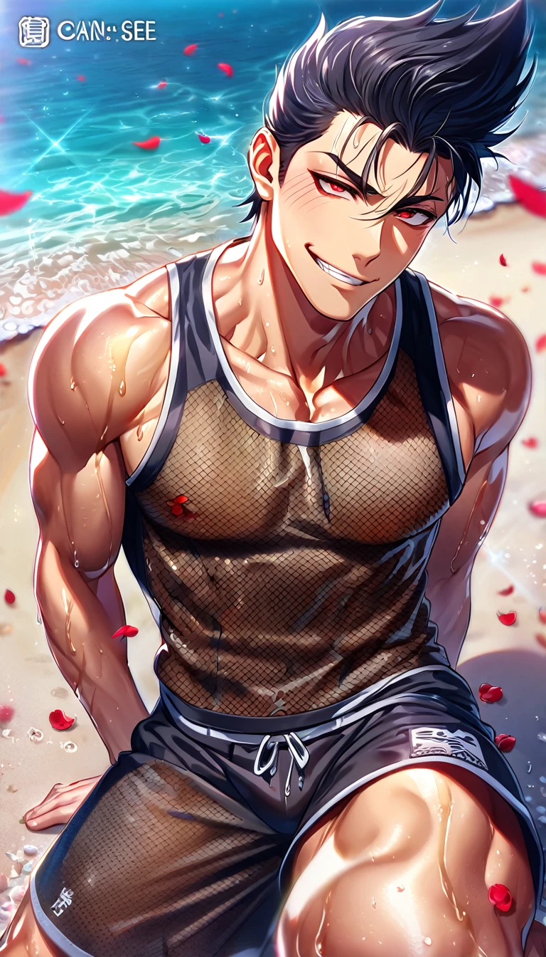 absurdres, highres, ultra detailed, HDR, master piece, best quality, extremely detailed, detailed eyes, Barou Shouei, black hair, spiked up hair, expressive red eyes, Blue Lock, solo, sexy man, handsome, handsome smirk, horny, lewd, black tank top, black swimming trunks, wet, you can see through his shirt, sea, beach, petals, seashells 