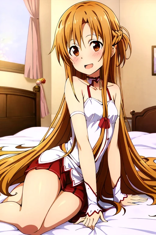 ((Highest quality)), ((masterpiece)), (be familiar with), Perfect Face, indoor, Bedroom, Watching the audience,
One woman, Yuuki Asuna,
Open Mouth, Ecstatic expression, blush, smile,
Small breasts, Flat Chest, , , child, Girl,
Long Hair, Long Hair,
Leg spread,