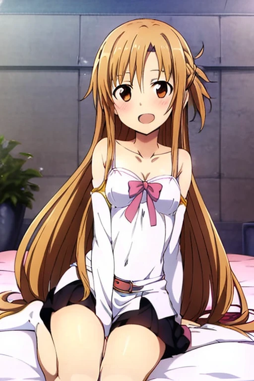 ((Highest quality)), ((masterpiece)), (be familiar with), Perfect Face, indoor, Bedroom, Watching the audience,
One woman, Yuuki Asuna,
Open Mouth, Ecstatic expression, blush, smile,
Small breasts, Flat Chest, , , child, Girl,
Long Hair, Long Hair,
Leg spread,