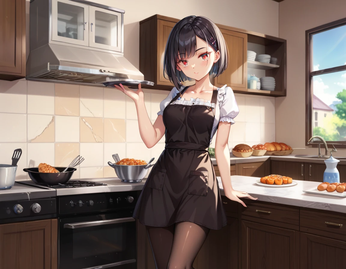 ((She has a slim figure and perfect facial features./A short bob cut with movement, Dark teal hair color/Small, shiny red eyes/ Small slanted eye/She is wearing a black and brown apron dress and{Lacy black underwear/Black pantyhose:0.0}Wearing)/(She is cooking):2.0/(high quality、detailed、High resolution、Colorful modern anime、光と影をdetailedに描写)/(background:middle ages/Wooden buildings/Rural Village/kitchen)/