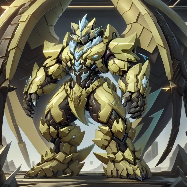 (ZERAORA, 8K), (Zeraora's giant robot, Powered exoskeleton with the same design as Zeraora), (Masterpiece, highres) (Detailed head, Detailed Body, Detailed abs, full body) (gigantic muscles, Gigachad Muscular, big muscle, pecs, triceps, traps, unusually developed muscular body, body full of huge muscles. showing off muscles, pectorales enormes, Exaggeratedly huge muscles.) (nj5furry, The claws are sharp, Sharp teeth, sharp claws), (long legs), (Spread wings, It has wings, have big wings, golden wings), (It has wings, whole body shines like metal, Wearing cyberpunk mecha, emphasizes the muscles, suit fully made of metal, intricate armor, Robotic suit, suit fully made of metal, cyborg), (black color hyper penis, hyper black penis), menacing pose, no face.