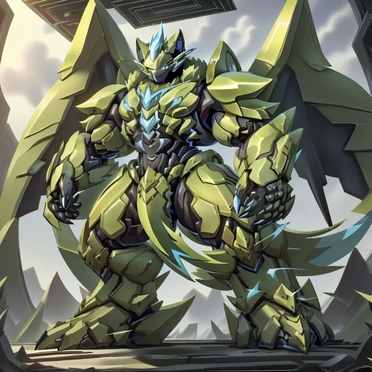 (ZERAORA, 8K), (Zeraora's giant robot, Powered exoskeleton with the same design as Zeraora), (Masterpiece, highres) (Detailed head, Detailed Body, Detailed abs, full body) (gigantic muscles, Gigachad Muscular, big muscle, pecs, triceps, traps, unusually developed muscular body, body full of huge muscles. showing off muscles, pectorales enormes, Exaggeratedly huge muscles.) (nj5furry, The claws are sharp, Sharp teeth, sharp claws), (long legs), (Spread wings, It has wings, have big wings, golden wings), (It has wings, whole body shines like metal, Wearing cyberpunk mecha, emphasizes the muscles, suit fully made of metal, intricate armor, Robotic suit, suit fully made of metal, cyborg), (black color hyper penis, hyper black penis), menacing pose, no face.