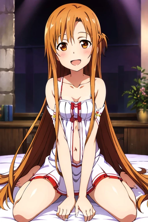 ((Highest quality)), ((masterpiece)), (be familiar with), Perfect Face, indoor, Bedroom, Watching the audience,
One woman, Yuuki Asuna,
Open Mouth, Ecstatic expression, blush, smile,
Small breasts, Flat Chest, , , child, Girl,
Long Hair, Long Hair,
Leg spread,