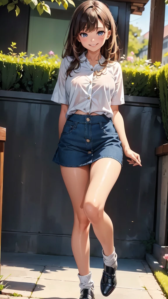 8k, best quality, realistic photos, realistic details, clear face, delicate facial features, real skin shine, a cute girl, shy, smiling, bar background, wearing a denim shirt and denim mini skirt, captured mid-step in an elegant walk, with one leg extended forward and the other following naturally. Her arms should be relaxed by her sides or gently swinging, and her posture should be tall and confident, exuding grace and poise.