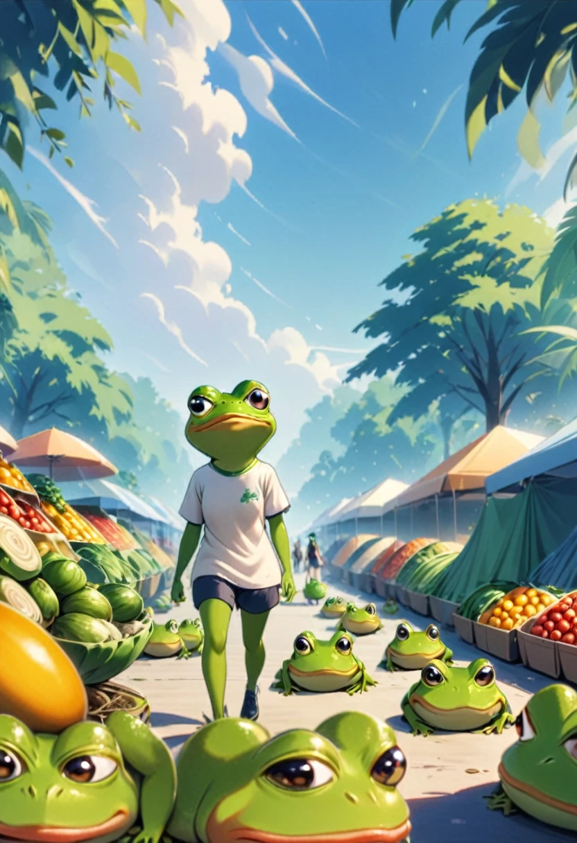 a couple of frogs, walking on a fruit and vegetable market, 1kid frog, 1girl female frog. frontal wide shot, distant view