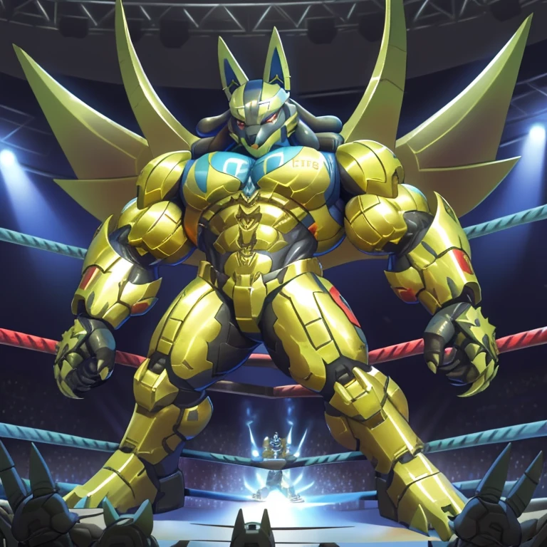 (ZERAORA, 8K), (Zeraora's giant robot, Powered exoskeleton with the same design as Zeraora), (Masterpiece, highres) (Detailed head, Detailed Body, Detailed abs, full body) (gigantic muscles, Gigachad Muscular, big muscle, pecs, triceps, traps, unusually developed muscular body, body full of huge muscles. showing off muscles, pectorales enormes, Exaggeratedly huge muscles.) (nj5furry, The claws are sharp, Sharp teeth, sharp claws), (long legs), (Spread wings, It has wings, have big wings, golden wings), (Wrestling, wrestler, the bodybuilding), (It has wings, whole body shines like metal, Wearing cyberpunk mecha, emphasizes the muscles, suit fully made of metal, intricate armor, Robotic suit, suit fully made of metal, cyborg), (black color hyper penis, hyper black penis),