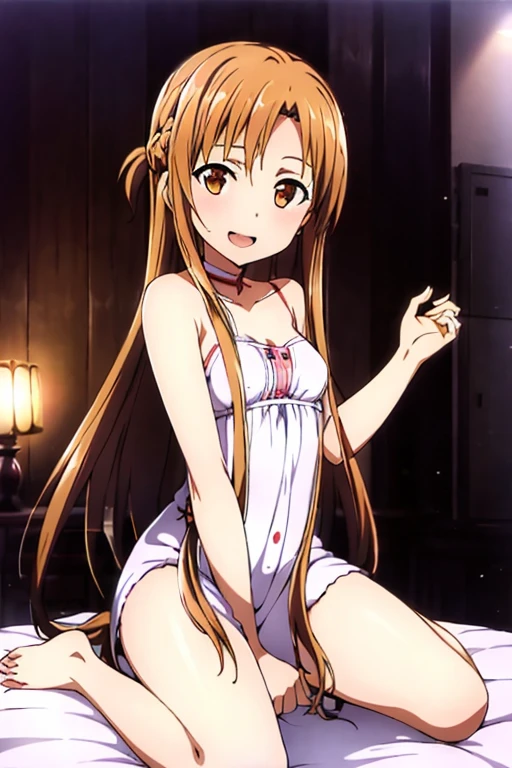 ((Highest quality)), ((masterpiece)), (be familiar with), Perfect Face, indoor, Bedroom, Watching the audience,
One woman, Yuuki Asuna,
Open Mouth, Ecstatic expression, blush, smile,
Small breasts, Flat Chest, , , child, Girl,
Long Hair, Long Hair,
Leg spread,