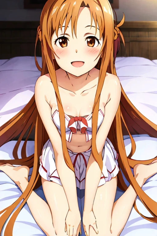 ((Highest quality)), ((masterpiece)), (be familiar with), Perfect Face, indoor, Bedroom, Watching the audience,
One woman, Yuuki Asuna,
Open Mouth, Ecstatic expression, blush, smile,
Small breasts, Flat Chest, , , , Girl,
Long Hair, Long Hair,
Leg spread,