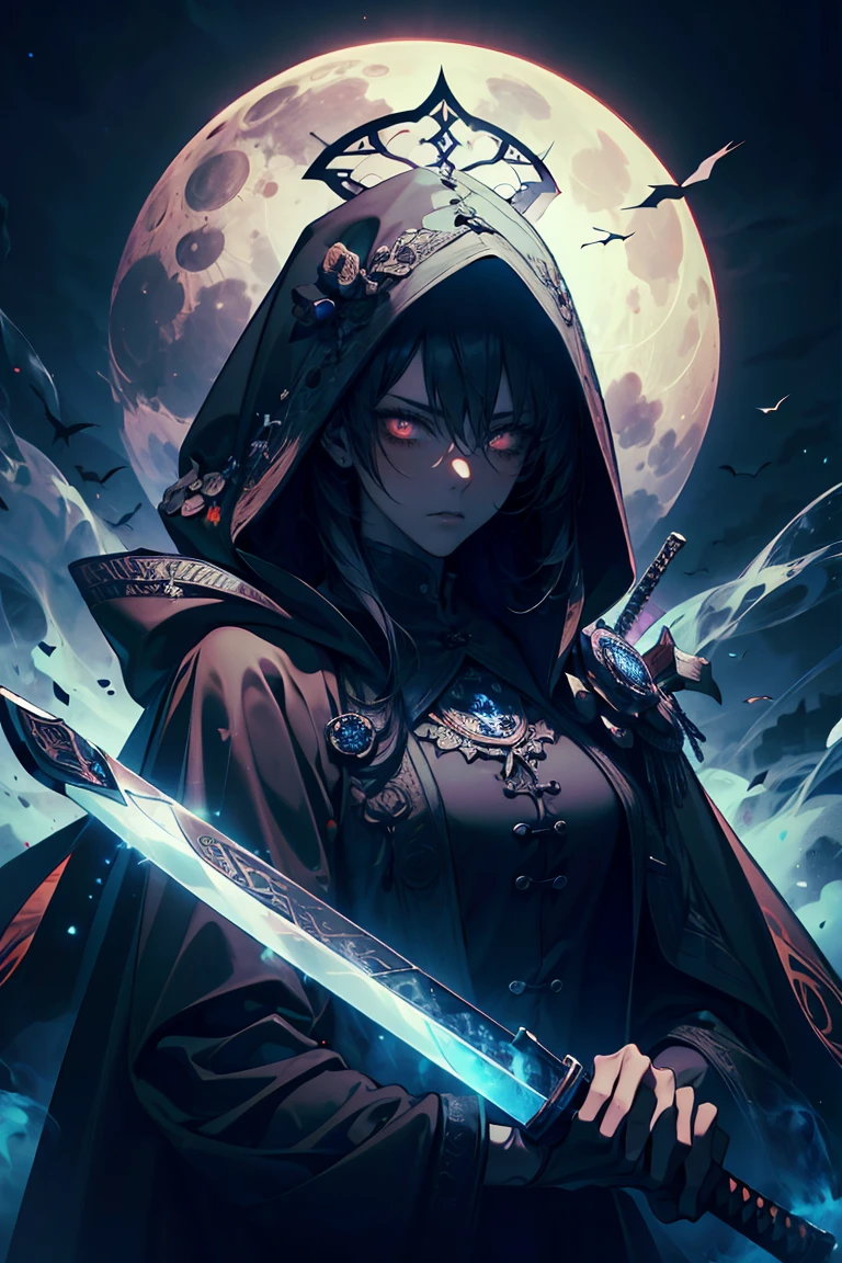 Full moon background　Wearing a black cloak　Swordsman with long sword, Shiny black hair and dark skin, Black Outfit.　Minimum protective equipment　A man with a more beautiful appearance than any other beautiful woman　Well-trained body