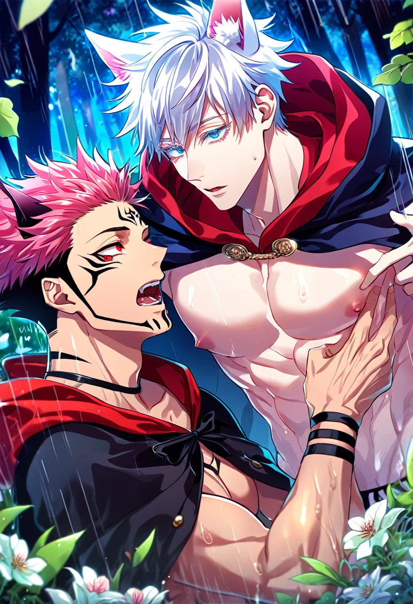 absurdres, highres, ultra detailed, HDR, master piece, best quality, extremely detailed, detailed eyes, Ryoumen Sukuna, pink hair, expressive red eyes, Jujutsu Kaisen, Gojou Satoru, white hair, werewolf, wolf ears, wolf tail, expressive blue eyes, white eyelashes, two sexy men together, yaoi, gay couple, handsome, horny, fantasy, accessories, red hooded cape, black cape with fur, bare chest, The Red Riding Hood And The Wolf, spring, flowers, green leaves, magical forest, dark fantasy, rain, night, Nu Carnival