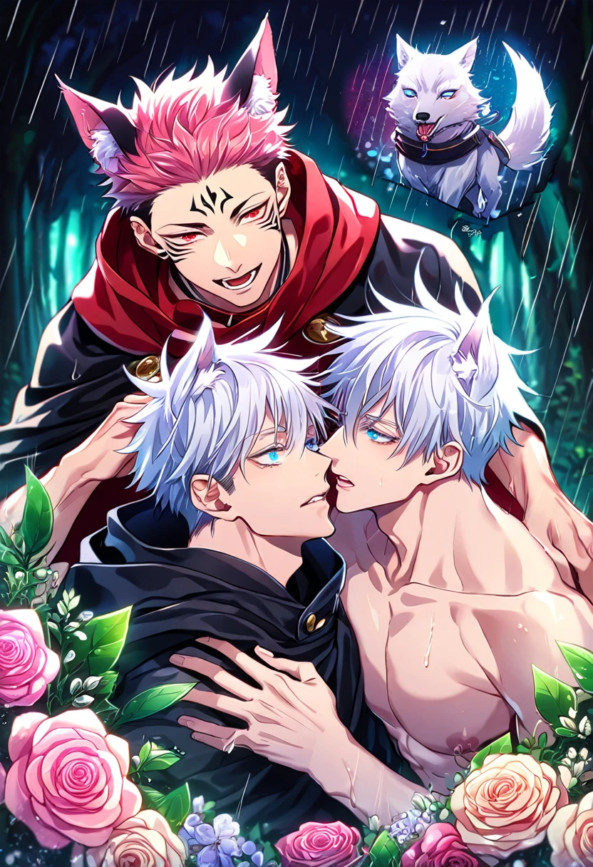 absurdres, highres, ultra detailed, HDR, master piece, best quality, extremely detailed, detailed eyes, Ryoumen Sukuna, pink hair, expressive red eyes, Jujutsu Kaisen, Gojou Satoru, white hair, werewolf, wolf ears, wolf tail, expressive blue eyes, white eyelashes, two sexy men together, yaoi, gay couple, handsome, horny, fantasy, accessories, red hooded cape, black cape with fur, bare chest, The Red Riding Hood And The Wolf, spring, flowers, green leaves, magical forest, dark fantasy, rain, night, Nu Carnival