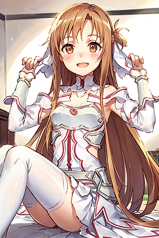 ((Highest quality)), ((masterpiece)), (be familiar with), Perfect Face, indoor, Bedroom, Watching the audience,
One woman, Yuuki Asuna,
Open Mouth, Ecstatic expression, blush, smile,
Small breasts, Flat Chest, , , child, Girl,
Long Hair, Long Hair,
Leg spread,