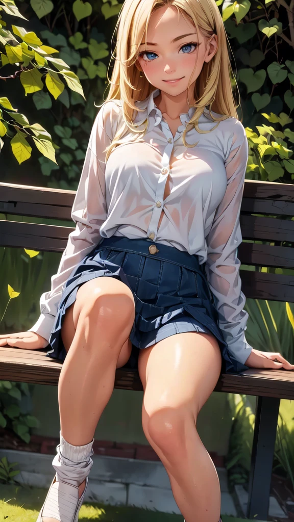 8k, best quality, realistic photos, realistic details, clear face, delicate facial features, real skin shine, a cute girl, shy, smiling, bar background, wearing a denim shirt and denim mini skirt,  standing with one leg lifted and bent at the knee, her foot resting on a nearby surface like a step, bench, or wall. Her body should be angled slightly, with one hand on her hip or playing with her hair, emphasizing the playful nature of the pose.