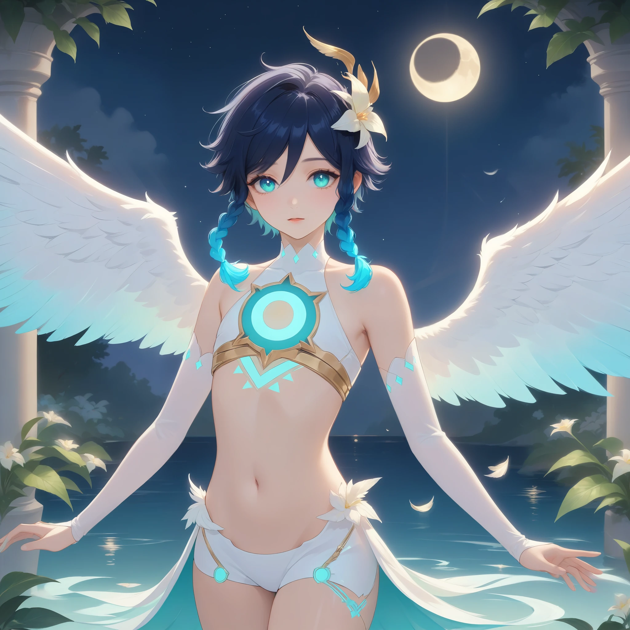 (best quality,4k,8k,highres,masterpiece:1.2),1boy,venti,genshin impact,ultra-detailed,(realistic:0.25),wearing white,bare shoulders,bare stomach,bridal gauntlets,large fluffy white feathered_wings,night,moon reflection,intricate details,delicate,pastel color palette,elegant curves,effects of light and shadow,subtle reflections,face focus,sharp focus,white flower petals falling,ethereal atmosphere,elysium,soft starlight filtering through trees,lush plant life,cool blue toned blossoms,harmonious blend of nature and art,transcendent beauty,awe-inspiring artwork,flat chest,navy gradient hair in twin braids,graceful pose,glowing hair, glowing eyes,glowing chest tattoo,Award Winning,pixiv_fantasia,artstation trending,Super Detailed, 