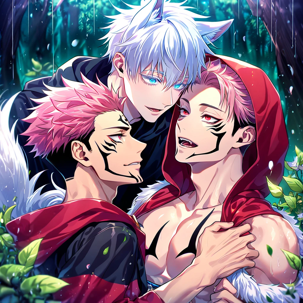 absurdres, highres, ultra detailed, HDR, master piece, best quality, extremely detailed, detailed eyes, Ryoumen Sukuna, pink hair, expressive red eyes, Jujutsu Kaisen, Gojou Satoru, white hair, werewolf, wolf ears, wolf tail, expressive blue eyes, white eyelashes, two sexy men together, yaoi, gay couple, handsome, horny, fantasy, accessories, red hooded cape, black cape with fur, bare chest, The Red Riding Hood And The Wolf, spring, flowers, green leaves, magical forest, dark fantasy, rain, night, Nu Carnival