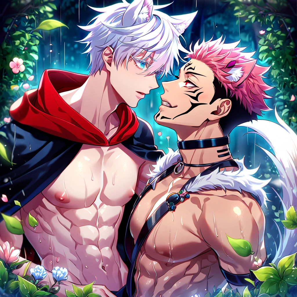 absurdres, highres, ultra detailed, HDR, master piece, best quality, extremely detailed, detailed eyes, Ryoumen Sukuna, pink hair, expressive red eyes, Jujutsu Kaisen, Gojou Satoru, white hair, werewolf, wolf ears, wolf tail, expressive blue eyes, white eyelashes, two sexy men together, yaoi, gay couple, handsome, horny, fantasy, accessories, red hooded cape, black cape with fur, bare chest, The Red Riding Hood And The Wolf, spring, flowers, green leaves, magical forest, dark fantasy, rain, night, Nu Carnival