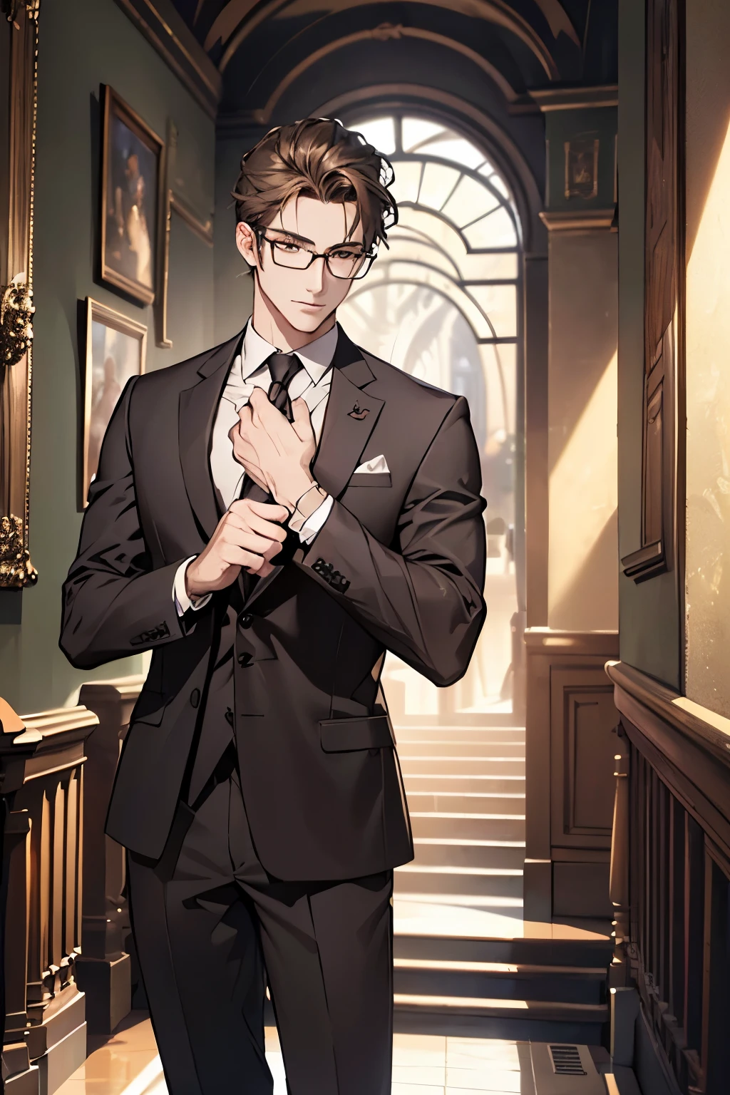 A handsome man in a gray brown suit, A bodyguard in dark clothes, Two people climbed the stairs of the villa to the living room, Perfect face, perfect hands, (best qualityer, 4K, 8k, high resolution, work of art:1.2), ultra detali, (realisitic, photorealisitic, photo-realisitic:1.37), HDR, ultra HD, studio lighting, ultra-fine painting, sharp focus, physics-based rendering, extreme detailed description, proffesional, Vivid colors, bokeh, (portrait), wearing glasses.