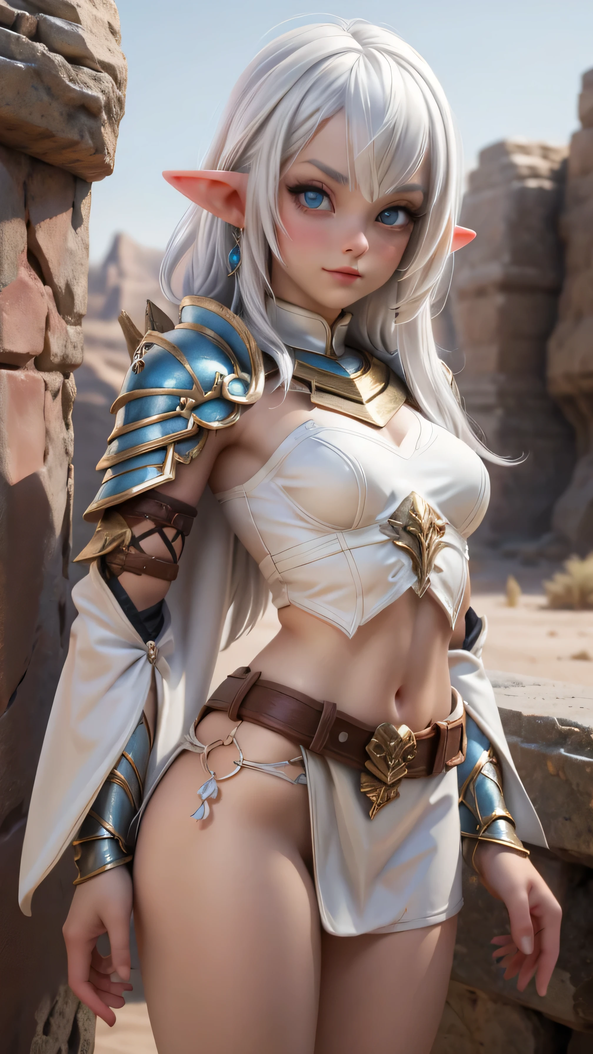 Ariel, upper body portrait, elf, white hair, beautiful, cute skimpy fantasy armor, warrior, midriff, fit, white hair, cowboy shot,  desert background, realistic fantasy ,concept art