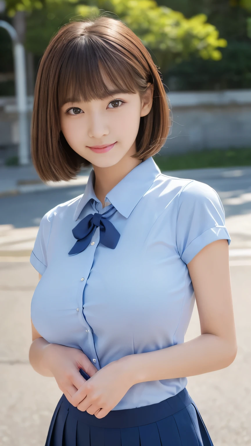 girl.................,, in front of the school、Connect to skirt with suspenders、White shirt with long sleeves、Plaid skirt、Lori, , sakimichan,, nice and cute, Innocent smile, , Lovely smile, sakimichan HDRI、loli big boobs、,(Huge breasts:1.20),(Beauty Big 1:1)、a blond、a blondの髪、Blue eyes、little girl hort bob、Pose cutely