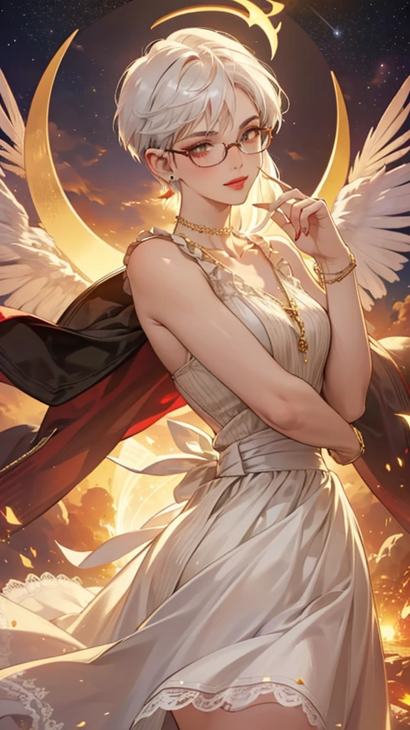 8k, masterpiece, best quality, highly detailed, 1 girl, tiefling, warlock, pixie cut, multicolored hair, very short straight hair red highlight hair on white hair, strippled hair, wearing glasses, round glasses, earrings, red eyeshadow, long eyelashes, blushed cheek, red lips, pearl necklace, rings, collarbone, mole on face, glamorous, white and gold clothes, sleeveless, laced dress, smirk, close up view, rings, looking at viewer, demon horns, solo, starry sky, radiant gold moon, standing, golden halo, white lace gloves, heavenly scene, halo, holy palace in background.