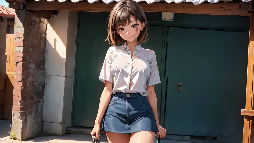 8k, best quality, realistic photos, realistic details, clear face, delicate facial features, real skin shine, a cute girl, shy, smiling, bar background, wearing a denim shirt and denim mini skirt, captured mid-step in an elegant walk, with one leg extended forward and the other following naturally. Her arms should be relaxed by her sides or gently swinging, and her posture should be tall and confident, exuding grace and poise.