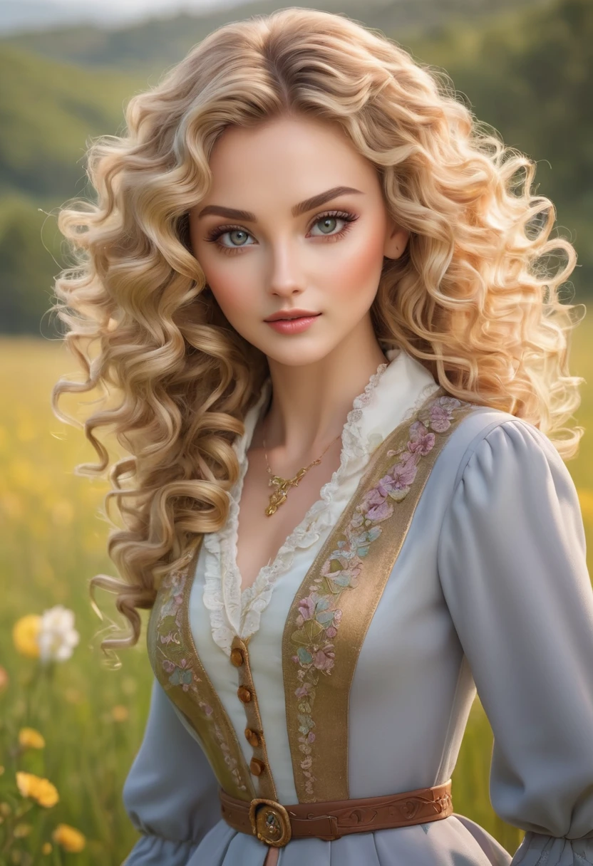 (masterpiece:1.2), (best quality:1.2), perfect eyes, perfect face, perfect lighting, 1girl, mature female in a field, medium blond hair, curly hair, detailed clothes, detailed outdoor background, makeup, eyeshadow, thick eyelashes, fantasy, looking at the viewer, spring 