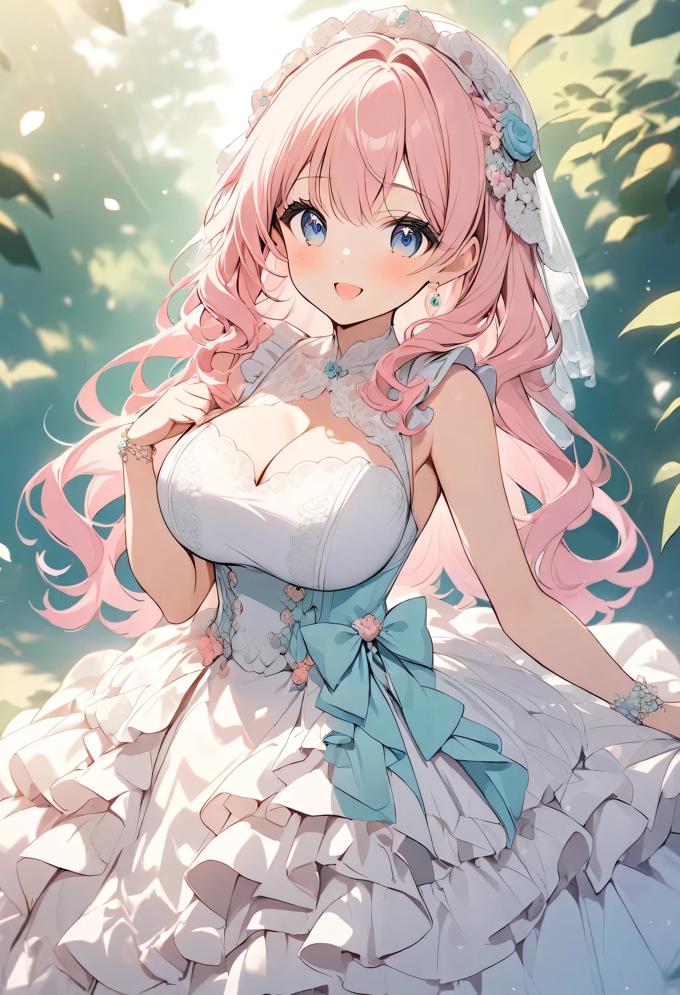 1 girl, pink long bun hair, heart shaped eyes, ♡, big breasts, Wedding dress, {girl with pink long bun hair named Nami}, (Pink eye color), {downtown}, (smile), bright background , mole under eye, heart shaped choker, (masterpiece, highest quality), very detailed, highest quality, official art, beautiful and aesthetic: 1.2), (1 girl), very detailed, (geometry art: 1.3), colorful, most detailed ?d1 girl, pink long bun hair, Eye of the symbol, +__+, big breasts, gothic costume, {A girl with long pink bun hair named Nami}, (Pink eye color), {downtown}, (smile), bright background, （garden,beautiful flower々）,mole under eye, heart shaped choker, (masterpiece, highest quality), official art, beautiful and aesthetic: 1.2), (1 girl), very detailed, (geometry art: 1.3), colorful