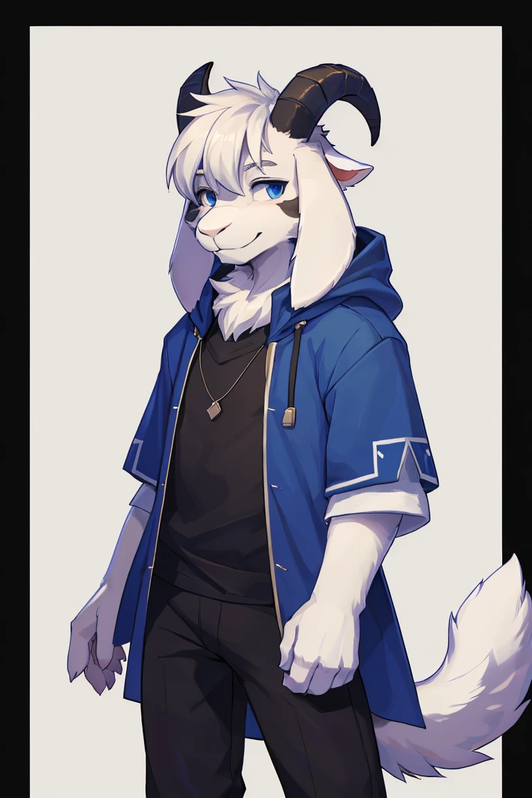 1boy, teenager, innocent, alone, Asriel, Undertale (Asriel Dreemurr), smile, 1Eskimo coat (blue coat, no drawing), tall, hairy, anthropomorphic, blue eyes (black blouse, black pants), goat's paw, paw with pastern((short tail, anthropomorphic tail, short tail, furry tail, goat tail, goat, anthro, furry tail, furry)), hair (bangs on the right side), barefoot, short horns, 2 white horns ((1 pair short horned)), ((Detailed, tail detail, short tail, face details, best quality)), 1 pair of ears (droop ears, anthro ears, furry floppy ears)