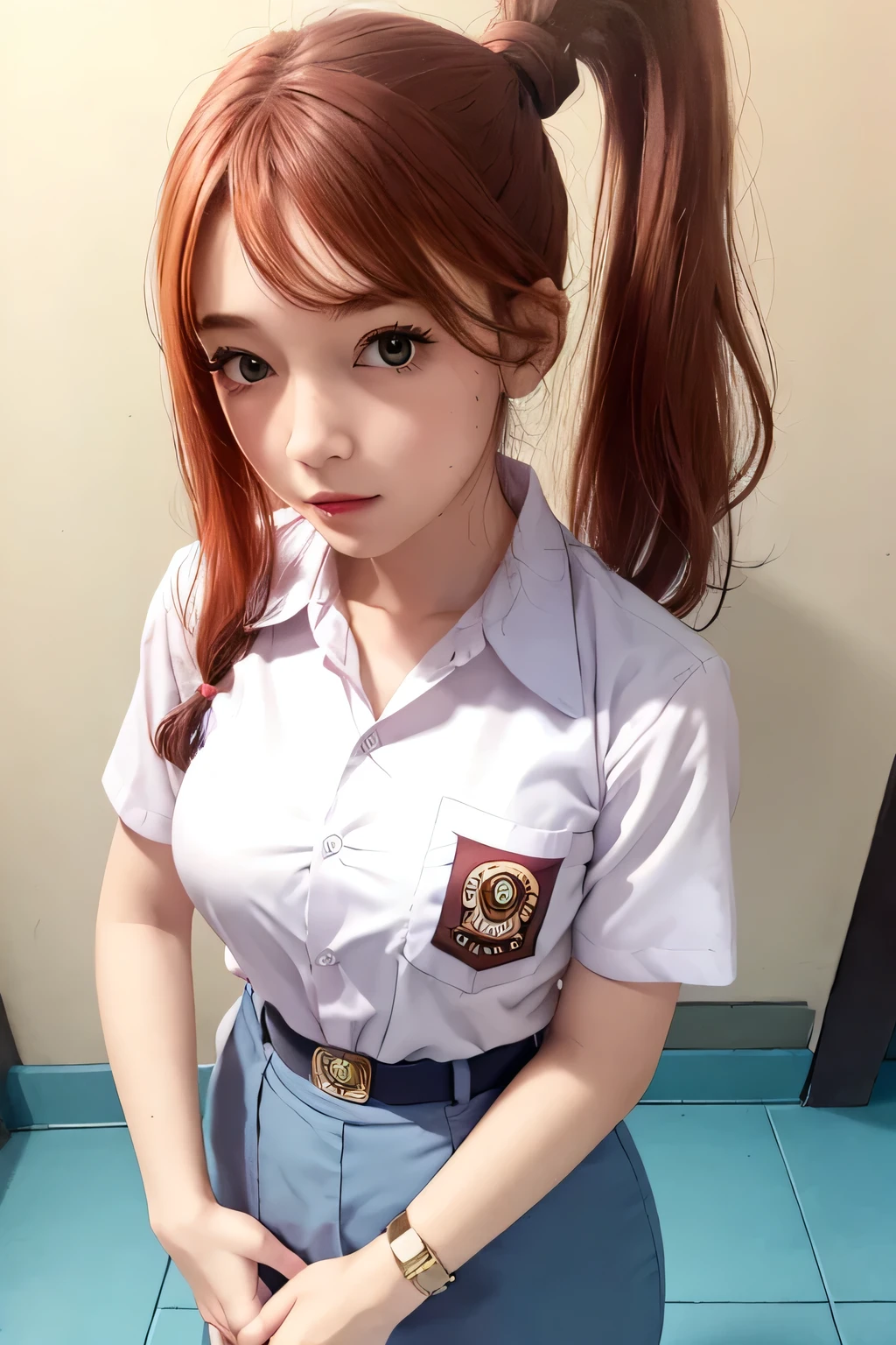 realistic, 1girls, sonia (pokemon), best quality, 12k, HD, long hair, big round breasts, ponytail, Indonesian high- school uniform, skirt, classroom, slim hips, turquoise eyes, ginger hair, super detailed, Eye details , hair details, person details, mouth details, face details, breast details, clothes details, hair details, pants details, hand details, whole body