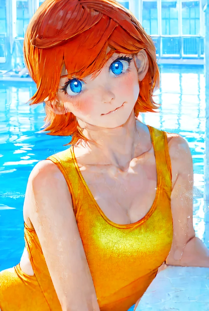 misty (pokemon), 1girl, solo, looking at viewer, blush, short hair, blue eyes, hair between eyes, closed mouth, collarbone, orange hair, eyelashes, lips, one-piece swimsuit, portrait, close-up, competition swimsuit, pool