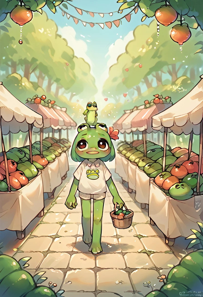 pepe the frog, a couple of frogs, walking through the fruit market, 1boy frog, 1girl frog, frontal wide shot, distant view