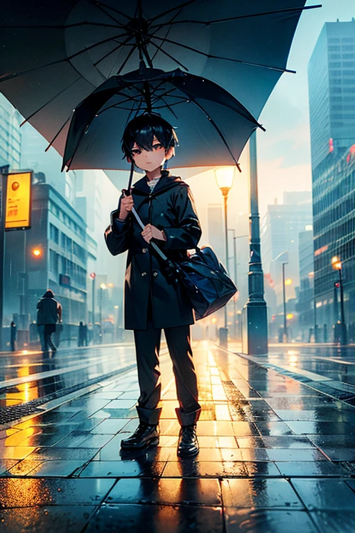 1boy, short black hair, holding umbrella, rainy day, city bakground