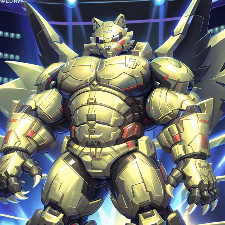 (freddy wolf, 8K), (freddy wolf's giant robot, Powered exoskeleton with the same design as freddy wolf), (Masterpiece, highres) (Detailed head, Detailed Body, Detailed abs, full body) (gigantic muscles, Gigachad Muscular, big muscle, pecs, triceps, traps, unusually developed muscular body, body full of huge muscles. showing off muscles, pectorales enormes, Exaggeratedly huge muscles.) (nj5furry, The claws are sharp, Sharp teeth, sharp claws), (long legs), (Spread wings, It has wings, have big wings, golden wings), (Wrestling, wrestler, the bodybuilding), (It has wings, whole body shines like metal, Wearing cyberpunk mecha, emphasizes the muscles, suit fully made of metal, intricate armor, Robotic suit, suit fully made of metal, cyborg), menacing pose, The whole body is golden. no face. BULK UP. The whole body is golden. wearing a full-face helmet. no blue.