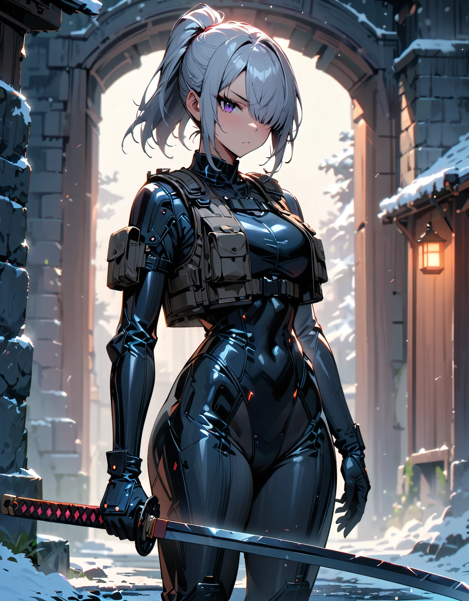 apocalypse, ruin town background, perfect lighting, dominant gray theme, silver hair and purple eyes, 1 girl, mature face, holding 9mm riffle, dressed in military vest and armored, perfect slim body curves, 8k quality, perfect quality, perfect resolution,