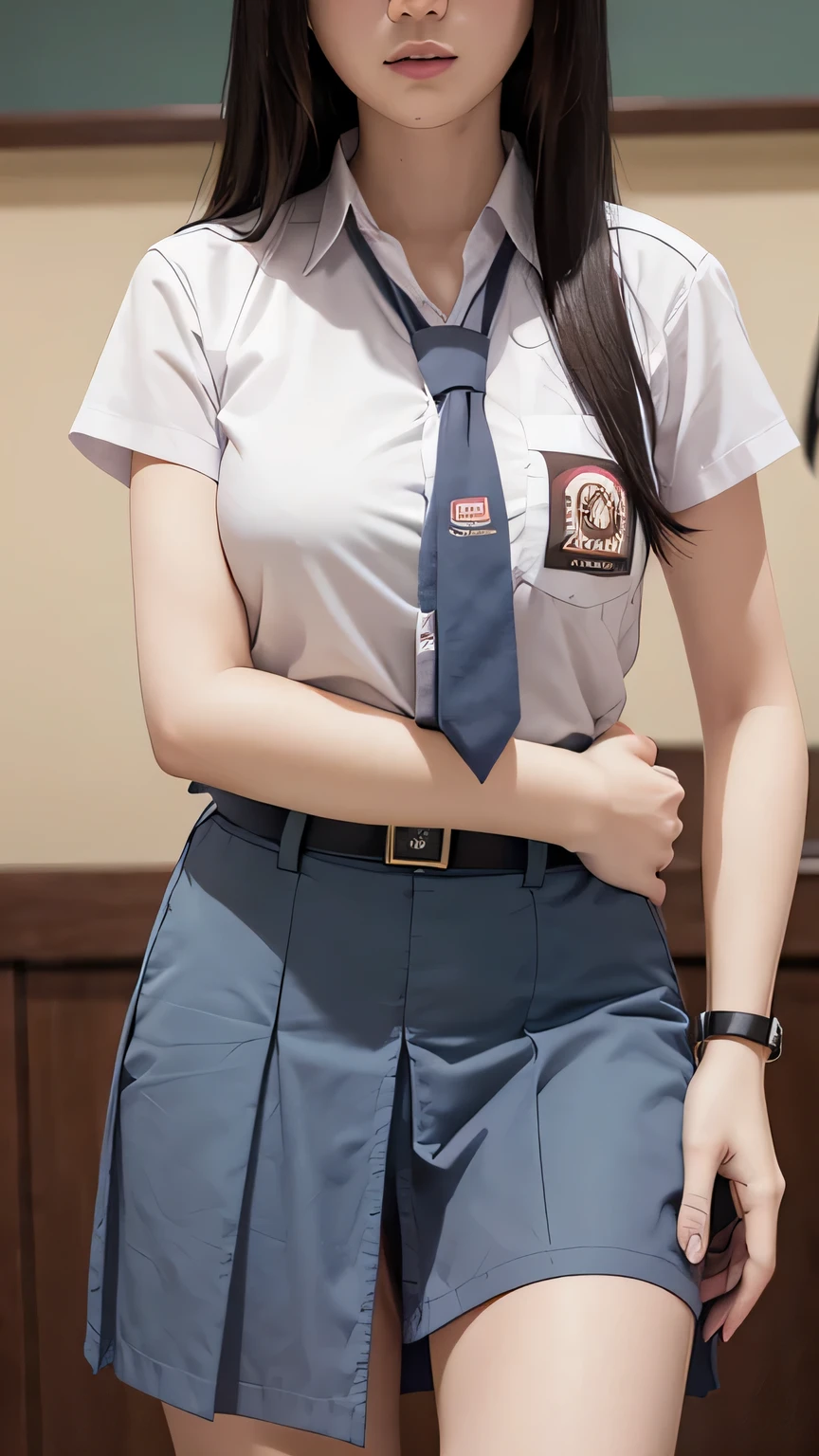 realistic, 1girls, Kushina Uzumaki, best quality, 12k, HD, long hair, big round breasts, Indonesian high-school uniform, skirt, classroom, shorts, slim hips, black eyes, black hair, super detailed, Eye details , hair details, person details, mouth details, face details, breast details, clothes details, hair details, pants details, hand details, whole body