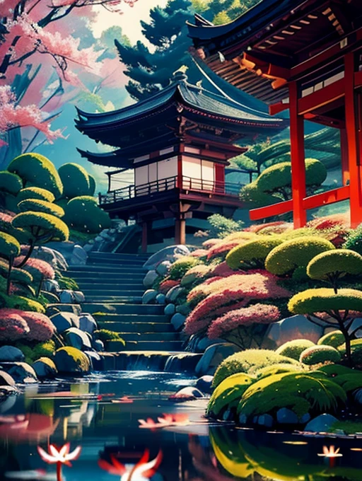 (digitalpainting),(best qualityer), serene japanese garden, spider lily flowers in full bloom, koi pond, footbridge, pagoda, Ukiyo-e art style, Hokusai Inspiration, Deviant Art popular, ultra-realistic 8k, pastel color scheme, soft lighting, golden hour time, atmosfera tranquila, Landscape orientation, Red carp jumping out of the water 