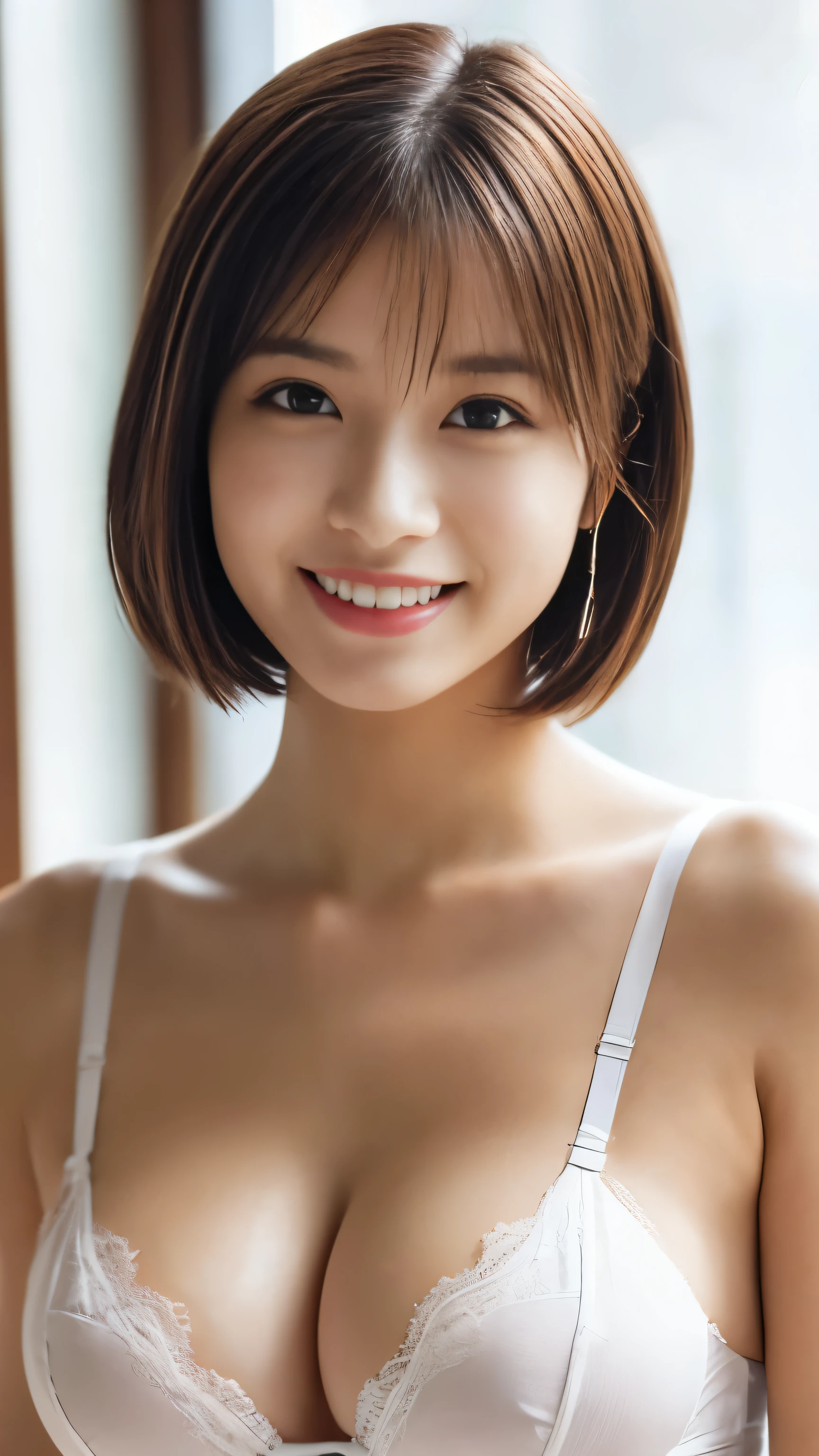 1 girl, (White lace bra、White panties、The clothes are see-through、Protruding nipples:1.1、Cleavage), Beautiful Japanese actresses, (RAW Photos, highest quality), (Realistic, Photorealistic:1.4), masterpiece, Very delicate and beautiful, Very detailed, wonderful, finely, Very detailed CG Unity 8K 壁紙, Very detailed, High resolution, Soft Light, Beautiful detailed girl, Very detailed目と顔, Beautiful and detailed nose, Beautiful and detailed, looking at the camera、Perfect Anatomy, Slender body, smile、((Hands behind head))、front、shortcut hair,