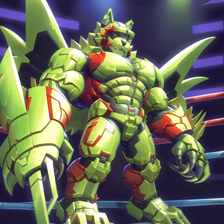 (freddy wolf, 8K), (freddy wolf's giant robot, Powered exoskeleton with the same design as freddy wolf), (Masterpiece, highres) (Detailed head, Detailed Body, Detailed abs, full body) (gigantic muscles, Gigachad Muscular, big muscle, pecs, triceps, traps, unusually developed muscular body, body full of huge muscles. showing off muscles, pectorales enormes, Exaggeratedly huge muscles.) (nj5furry, The claws are sharp, Sharp teeth, sharp claws), (long legs), (Spread wings, It has wings, have big wings, golden wings), (Wrestling, wrestler, the bodybuilding), (It has wings, whole body shines like metal, Wearing cyberpunk mecha, emphasizes the muscles, suit fully made of metal, intricate armor, Robotic suit, suit fully made of metal, cyborg), menacing pose, The whole body is golden. no face. BULK UP. The whole body is golden. wearing a full-face helmet. no blue. no red.