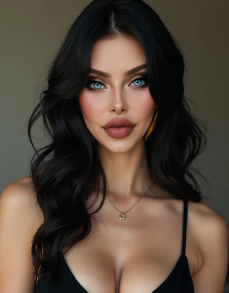 Gorgeous woman with long black hair and a black dress, pastel blue eyes,very big breasts,wavy long - length black hair, wavy black hair, black wavy hair, wavy long black hair, long wavy black hair, vibrant dark wavy hair, long wavy dark hair, long flowing dark hair, long swirly dark hair, very long flowing dark hair, wonderful dark hair
